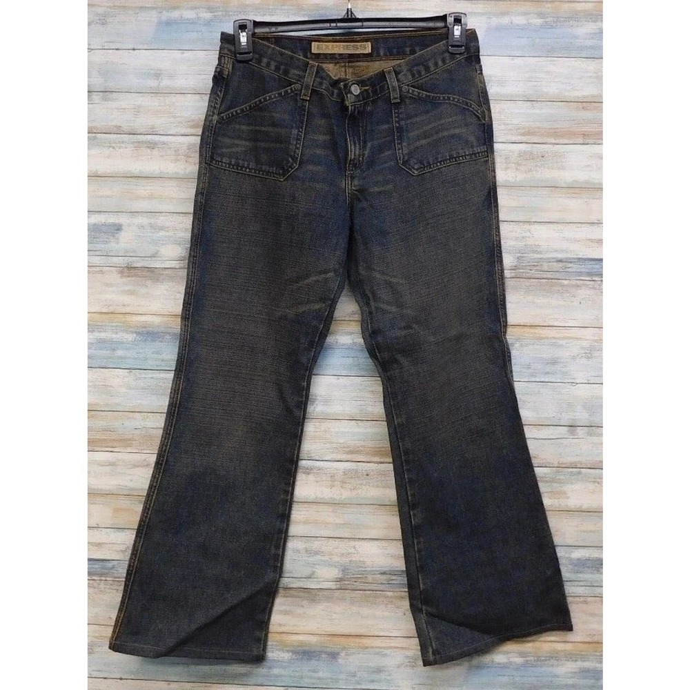 Express Precision Fit‎ Dark Wash Flare Leg Jeans Womens 9/10 Y2K Patch Pockets